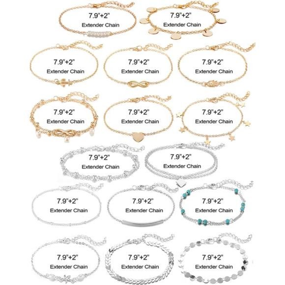 16Pcs Ankle Bracelets for Women Girls Gold Silver Two Style Chain Beach Anklet - Picture 2 of 7